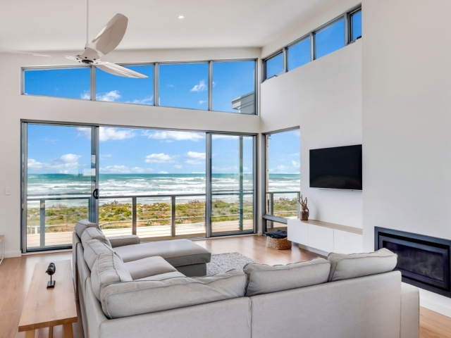 Award Winning, Custom Home, New Home, Two Storey, Builders, Design, Middleton SA, Fleurieu, Large Windows, Ocean View, Living Area, Fireplace