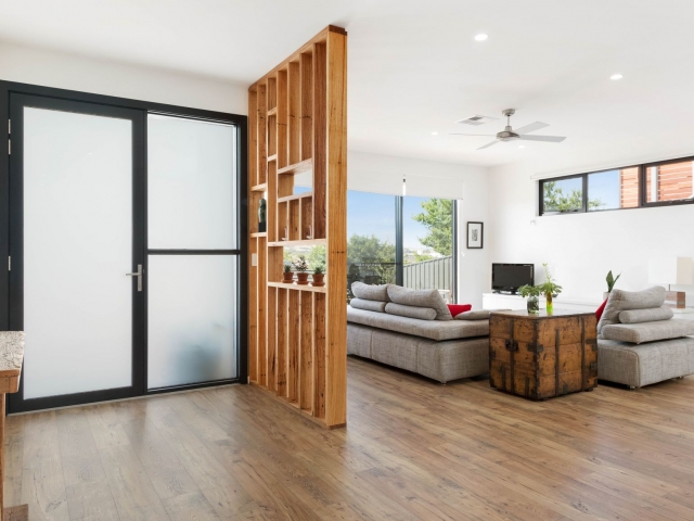 Custom Home, New Home, Single Storey Home, Builders, Design, Port Elliot, Fleurieu, Living Area, Feature Wall, Frosted Glass Door, Laminated Floor